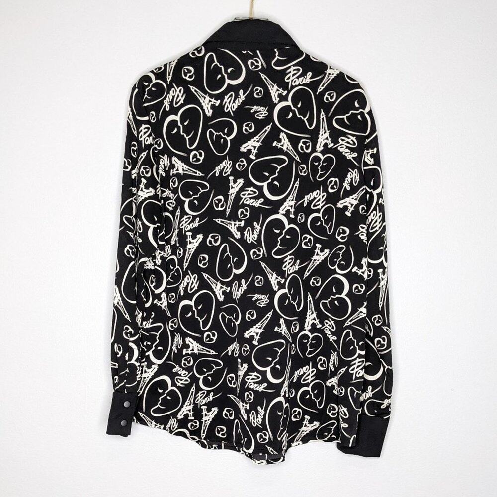 Catherine Malandrino Black Paris Faces Print Blouse Long Sleeve Button Up Size M - Picture 2 of 8